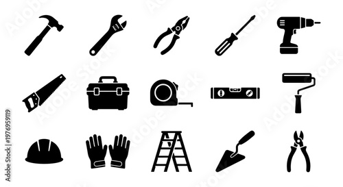 Construction tool icons, 15 repair equipment vectors, black hardware set