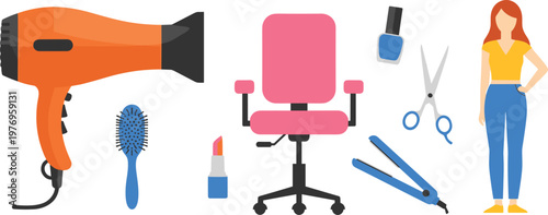 Set of Modern Beauty and Hair Salon Icons Featuring Hairdryer, Chair, Lipstick, Scissors, and Stylist Character