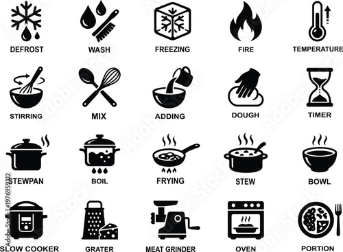 Set of kitchen and food preparation icons representing cooking techniques and processes.