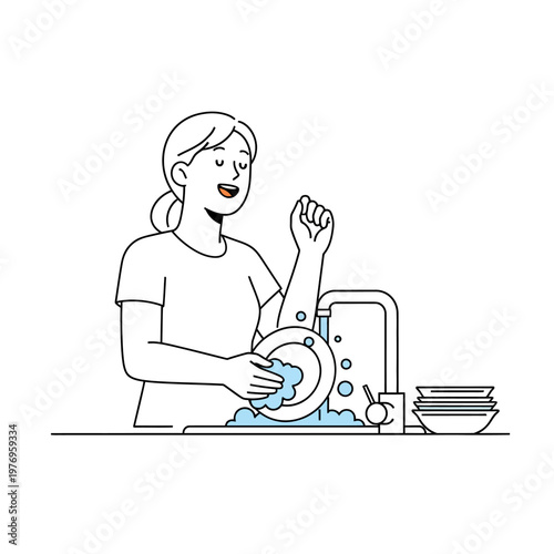 Woman Washing Dishes at Kitchen Sink, Domestic Chores, Simple Line Art Illustration