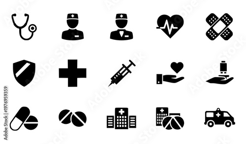 Set of medical healthcare icons including doctor nurse syringe pills hospital and emergency symbols in black flat design