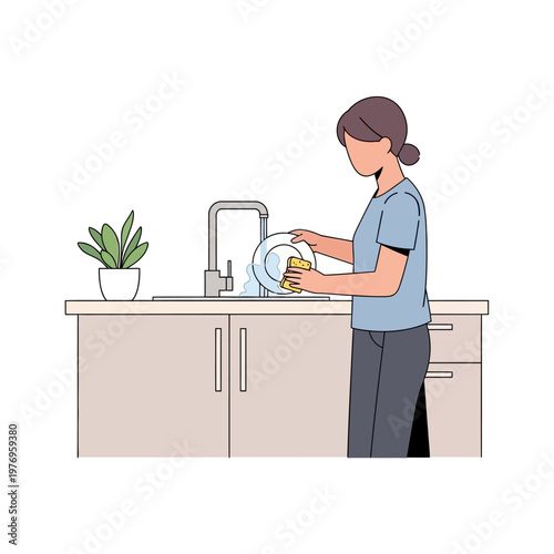 Woman washing dishes at kitchen sink, modern illustration, daily chore