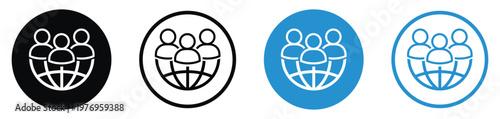 Three people silhouettes standing on a globe grid. Illustrates global connectivity, international networking, worldwide community, and global team collaboration.