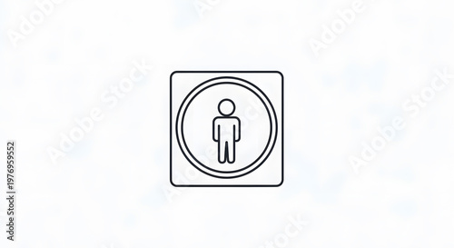 Minimalist thin line icon of a human figure standing inside a double circle and square frame