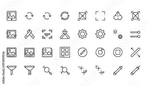 Set of photo editing and user interface line icons including crop resize rotate tools and image controls collection