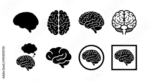 Human brain icon set, 8 medical neurology vectors, mental health symbols
