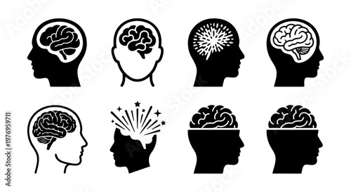 Human brain icons, mental health head silhouettes, 8 vector symbols