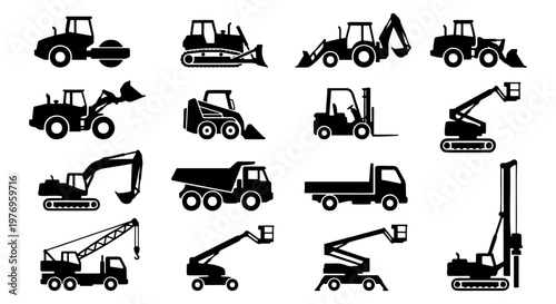 Construction machinery icons, 16 heavy equipment vector silhouettes