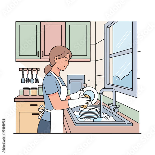 Woman washing dishes in kitchen sink with running water and soap suds, everyday chores