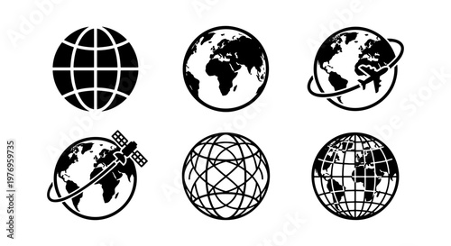 Global network icons, 6 earth globe vector set, world map symbols