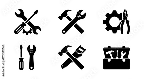 Industrial work tool icons, repair service symbols, 6 vector elements