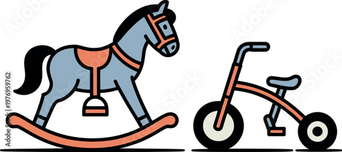 A colorful illustration of a rocking horse and a tricycle for kids