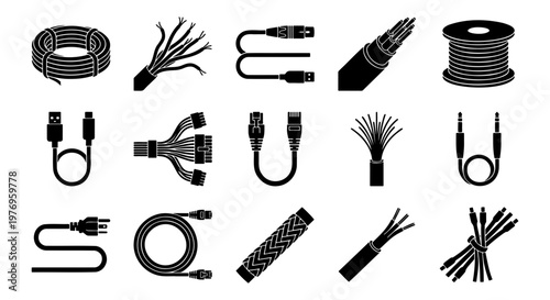 Electric cable icons, 15 wire connector symbols, power cord vector set