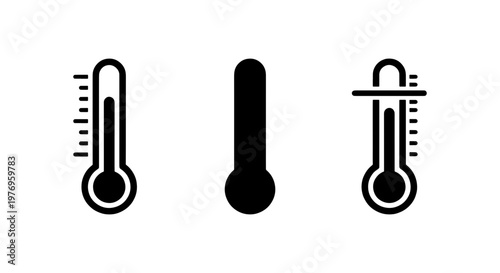 Thermometer icon set, black temperature gauge vectors, weather symbols