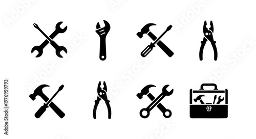 Industrial work tool icons, black hardware vector set, 8 repair symbols