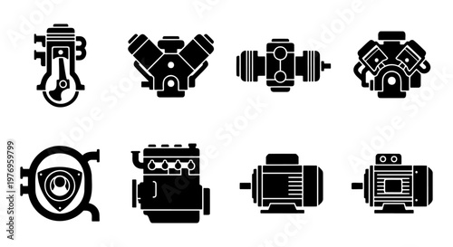 Mechanical engine icons set, 8 motor vector elements, car engine parts