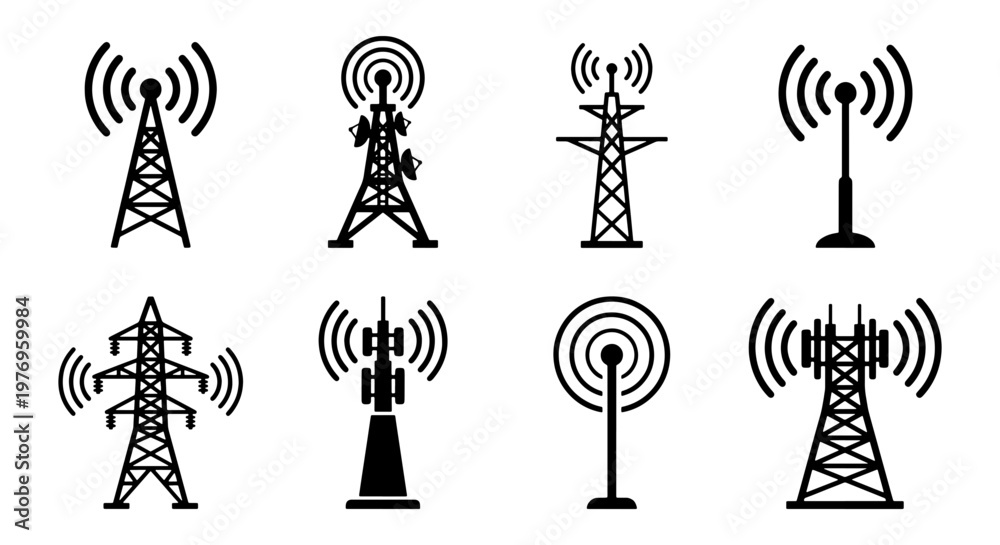 Naklejka premium Radio tower icons, 8 telecommunication antenna vectors, signal mast set