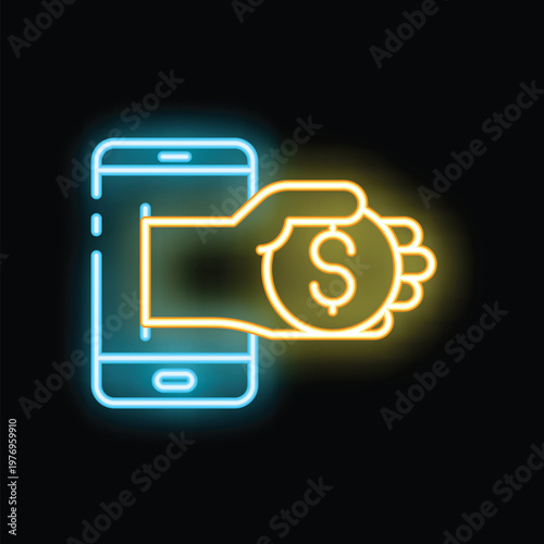 Neon sign representing mobile payment with a hand holding a coin, for online banking concept