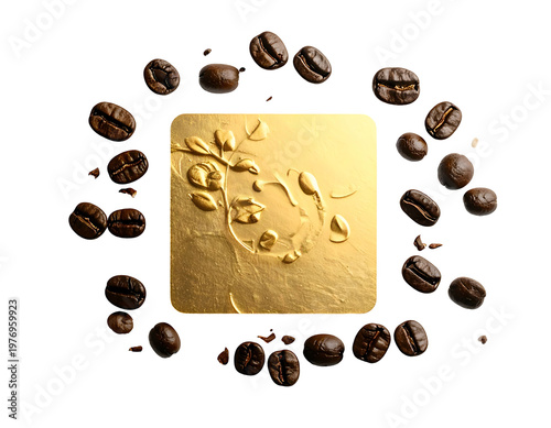 Golden square with embossed floral design surrounded by coffee beans