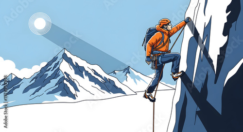 Brave climber ascending a vertical rock and ice wall with safety ropes on a high altitude mountain