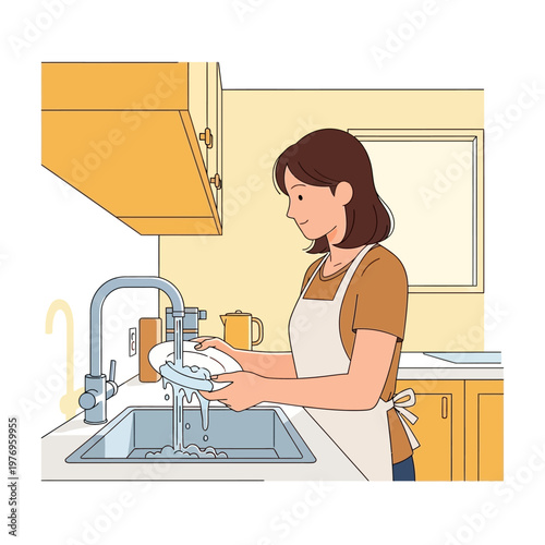 Woman Washing Dishes in Kitchen Sink, Daily Chores, Housekeeping