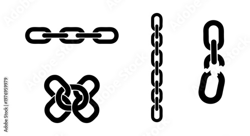 Black metal chain icons, broken link vector set, industrial steel shackles