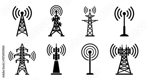 Radio tower icons, 8 telecommunication antenna vectors, signal mast set