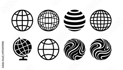 Minimalist world globe icons, 8 black earth vector symbols, global map logo