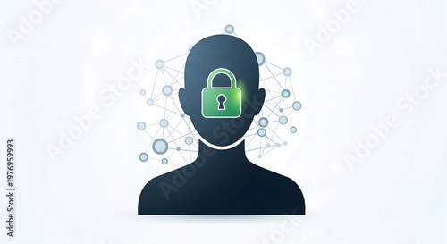 A silhouette of a human head with a green padlock icon representing data protection
