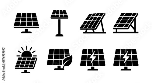 Solar panel icon set, renewable energy vector, 8 green power symbols