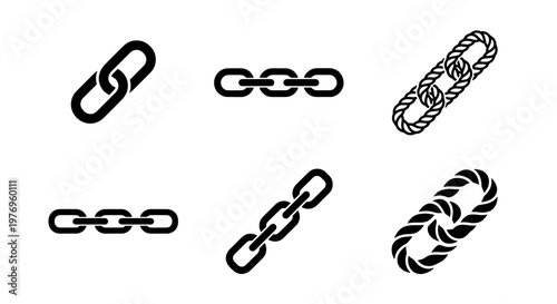 Chain link icon set, black metal link vector, 6 industrial link elements
