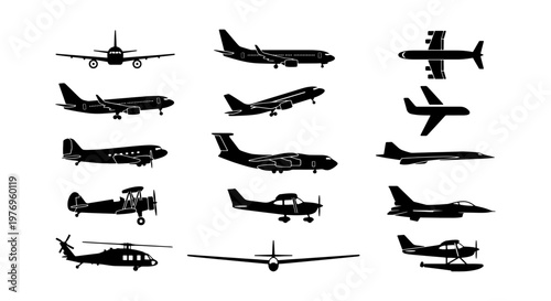Airplane silhouette vector set, 15 aircraft icons, aviation transport