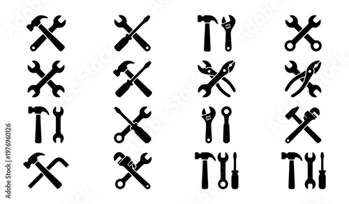 Industrial work tool icons, 16 black hardware silhouettes, repair vector set