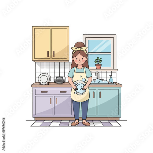 Woman washing dishes in kitchen, cartoon style, home chore, everyday life
