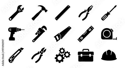 Construction tool icons, 15 black hardware vector elements, repair equipment