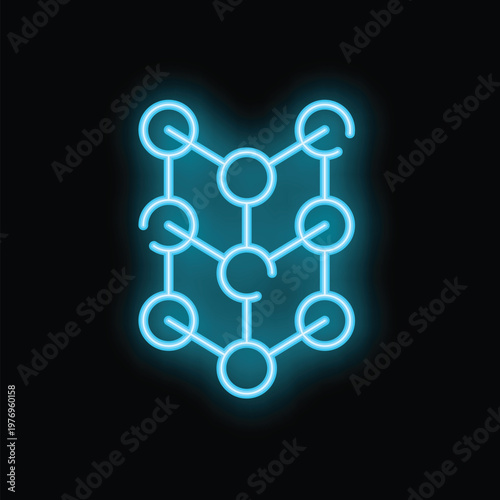 Blue neon blockchain technology icon glowing on black background representing the future of finance and decentralized systems