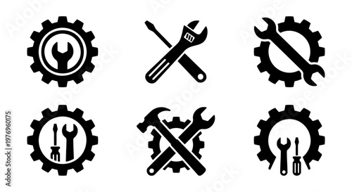 Industrial repair tool icons, mechanical gear and wrench set, 6 vector logos
