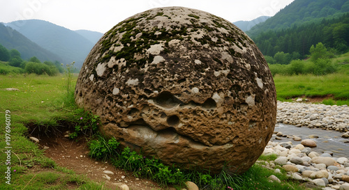 Large mossy round rock near a small stream in a green valley