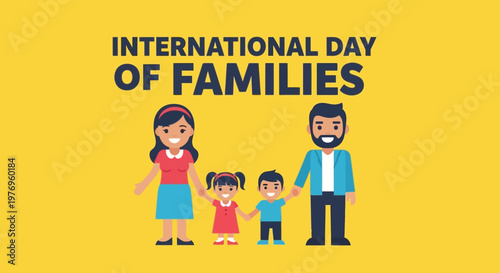 Happy diverse family with two children standing together cheerfully, bright yellow background