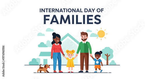 Happy diverse family with two children and dog enjoying an outdoor walk together, mountains and trees in background