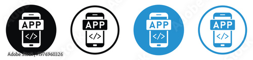 Smartphone icon with "APP" text and hammer/wrench tools. Symbolizes mobile app development, technical support, software maintenance, and digital repair services in four color styles.