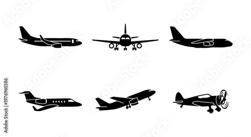 Airplane silhouette icons, 6 aircraft vector set, black plane symbols