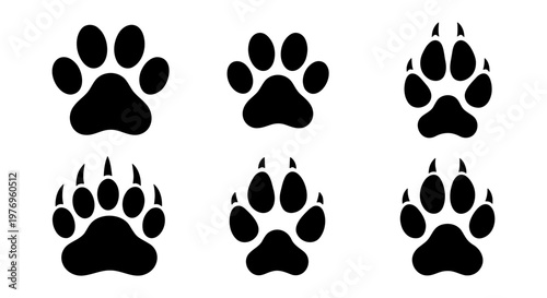 Animal paw prints, black silhouette pet track icons, 6 vector elements