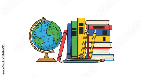 A detailed terrestrial globe stands beside a vibrant stack of hardcover books and sharpened pencils arranged neatly on a crisp and minimalist white surface.