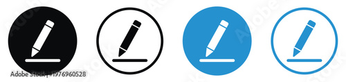 Pencil writing on a straight line icons. Professional vector graphics in blue and black variants, featuring solid circles and outlined frames. Perfect for signature or edit status indicators.
