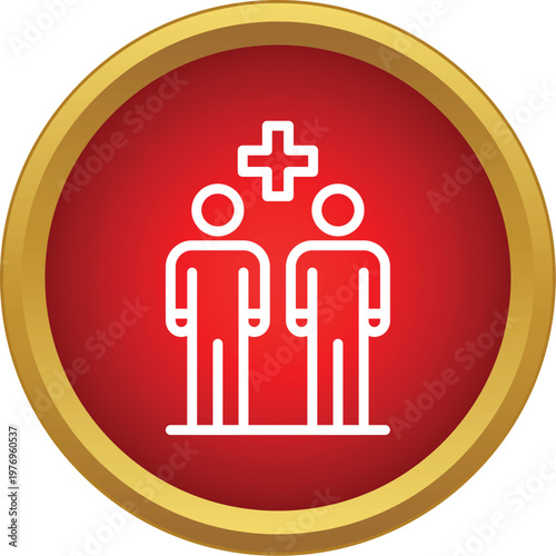 People outline icon with a healthcare cross symbol on a red and gold button