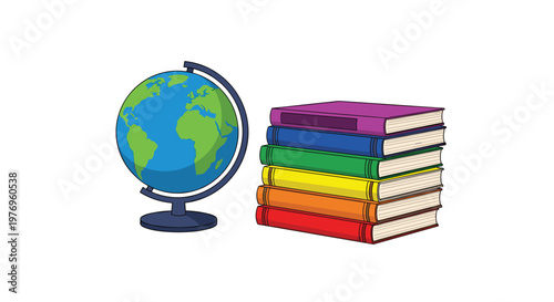 A bright blue terrestrial globe rests next to a tall stack of books with rainbow colored spines arranged neatly on a clean and minimalist white background.
