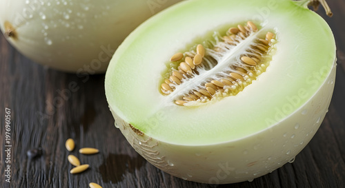 Sliced white honeydew melon showing seeds and pale green flesh