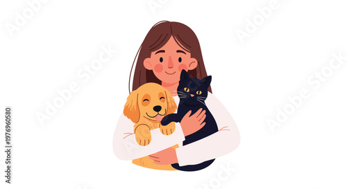 A young woman with long brown hair smiles warmly while cradling a small golden puppy and a black cat together against a clean and simple white background.