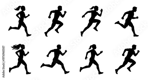Running people silhouettes, 8 athlete vector icons, jogging man and woman